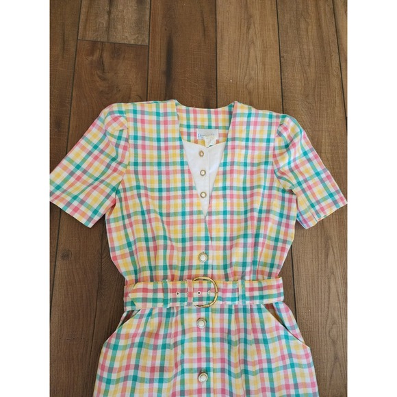 Vintage 80s Periwinkle Plaid Midi Dress Belted Career Cottagecore USA‎ - Picture 4 of 10